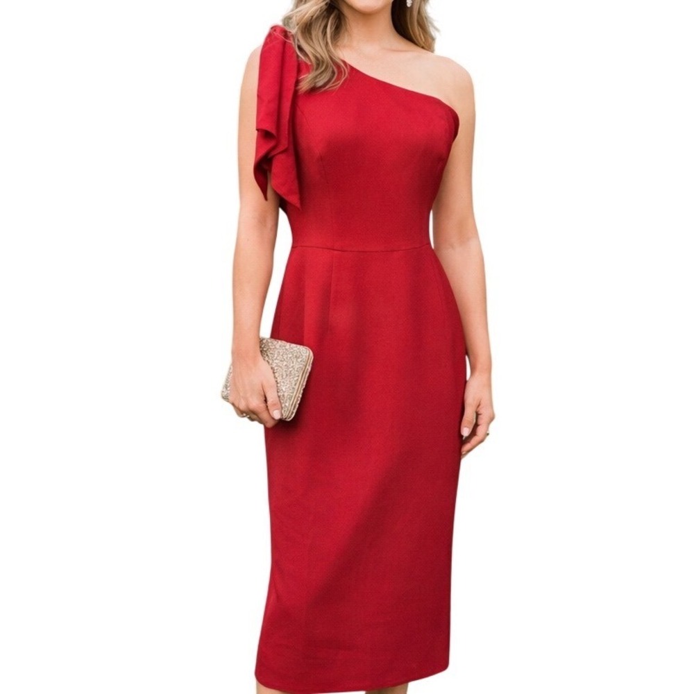 Dress the Population Womens Tiffany One Shoulder Formal Midi Dress Red Sz L NWT‎
